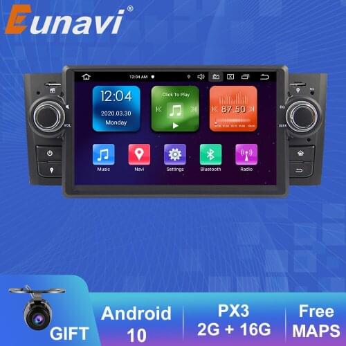 Eunavi 1 Din 7'' Quad core Android 10 Car DVD Player Stereo Radio System GPS Navi for Fiat Linea Grande Punto 2007-2012 USB BT