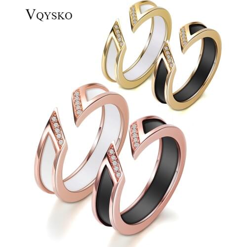 White Ceramic Ring With One Row Australia Zircon Channel Setting Rose-gold Metal Wedding Open Rings for Women