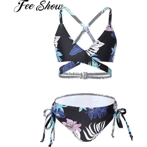 Kids Girls Floral Print Bikini Set Swimwear Adjustable Spaghetti Shoulder Straps Criss Cross at Rear Triangle Swimsuit Beachwear