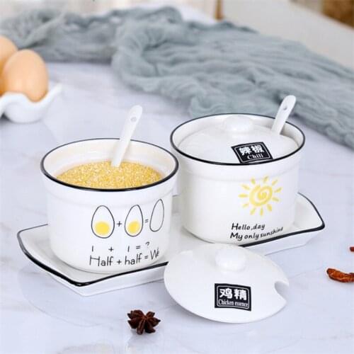 Ceramic Spice Jar with Lid Spoon Set Kitchen Tools Condiment Container Home Salt and Pepper Shakers Seasoning Bottle Sugar Bowl