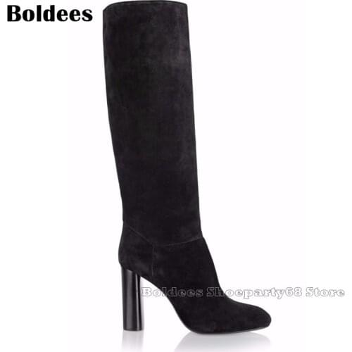 Fashion Suede Leather Large size 35-43 Women Winter Knee High Boots Block Heeled Riding Booty