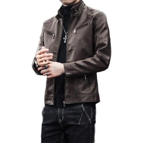 Spring Autumn New Mens Korean Version Slim Casual Trend Handsome Thin Clothes Standing Collar Motorcycle PU Leather Clothing