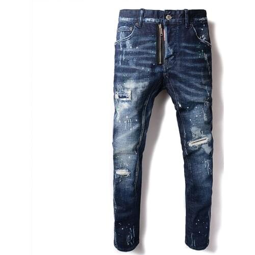 New Mens Hole Jeans Print Feet Nine Pants Skinny Jeans Men Streetwear Ripped Jeans for Men Hip Hop Blue Men Clothes 2020 Denim