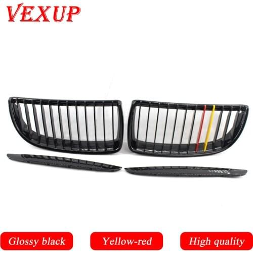 Front Glossy Black Carbon Fiber 1 Line Single Slat Kidney Grille Grill For BMW E90 E91 4 Door 2005 2006 07 2008 (Yellow-red)
