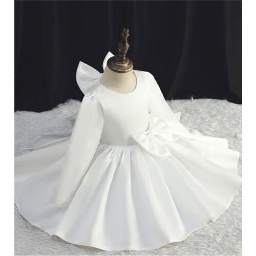 Satin Infant Baby Flower Girls Dresses Christening Gowns Newborn Baptism Clothes Princess tutu Infant Birthday White Bow Dresses
