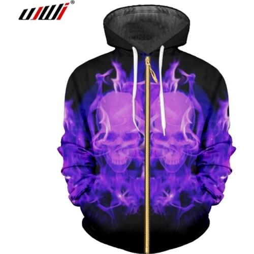 UJWI Man New 3D Zip Hoodies Printed Purple Flame Skulls Zipper Coat Mens Trend Hip Hop Large Size Unisex Street Clothing
