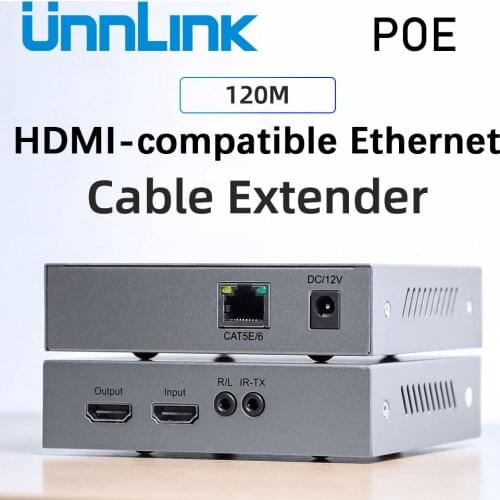 Unnlink Ethernet Extender 4K 120M HDMI-compatible POE 3.5mm Audio TCP/IP Ethernet LAN CAT5E/6 RJ45 Network Cable with IR for TV