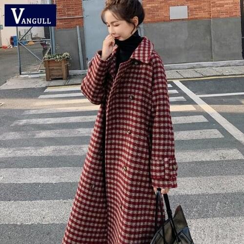 Vangull Elegant Plaid Women Woolen Coats 2021 Autumn Fashion Turn-down collar Ladies Coats Double Breasted Female Long Outwear