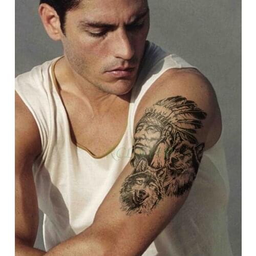 Waterproof Temporary Tattoo Sticker Wolf Indian Tribal Mighty Warrior Man Tatto Flash Tattoos Black Big Size Tatoo for Men Women