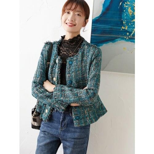 Peacock blue tweed New jacket short style women s long sleeve short coat can customized big size