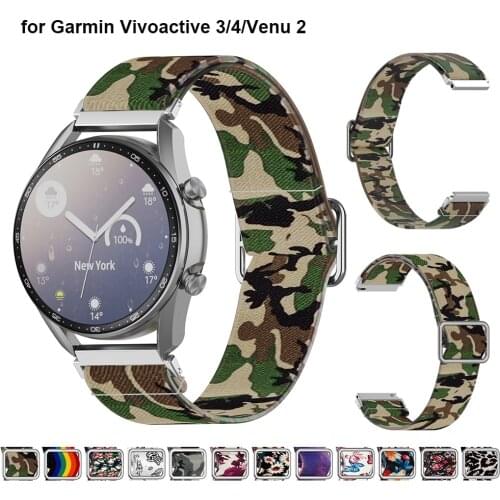 20mm 22mm Printed Camo Watch Band for Garmin Vivoactive 3/4 Forerunner 245/645 Music Venu SQ/2 Garminmove 3 Nylon Elastic Strap