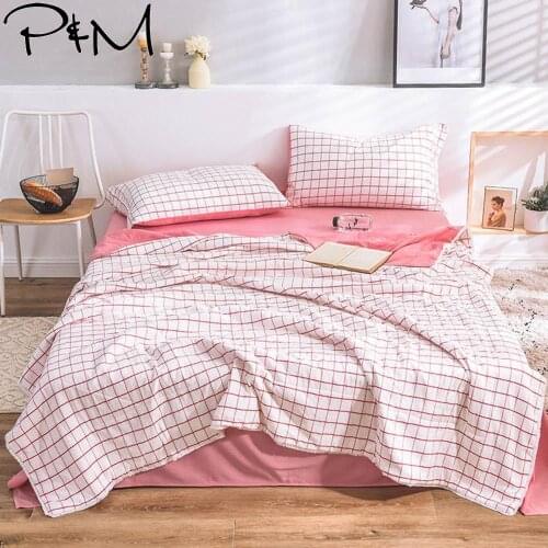 2019 INS Pink Plaids White Bedding Set Wash Microfiber Polyester 4pcs Summer Quilt Bedlinens Bedsheet Pillowcases