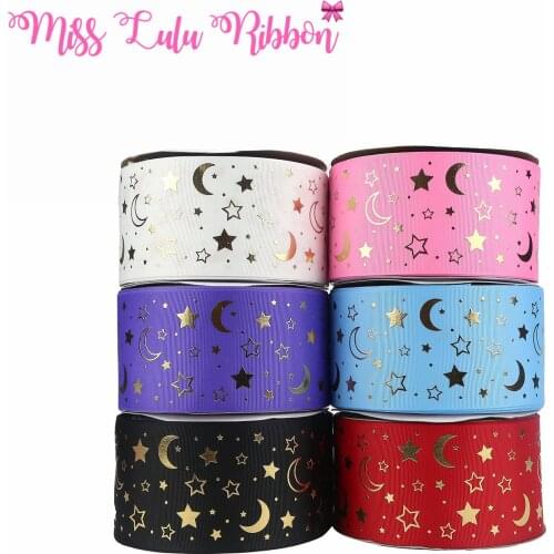 3 "75mm 6-color Moon Star Dot Print Satin Ribbon DIY Gift Packaging Birthday Party Decoration Hair Knot 50 Yards / Roll