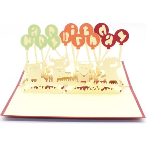 3D Laser Cut Handmade Cartoon Animal Happy Birthday Party Paper Invitation Greeting Cards PostCard Children Kids Creative Gift