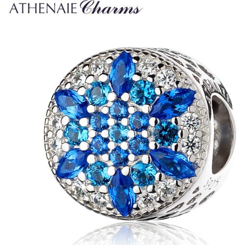 ATHENAIE 925 Sterling Silver Blue Crystals & Clear CZ Crystalized Snowflake Charm Fit All European Bracelets Necklace