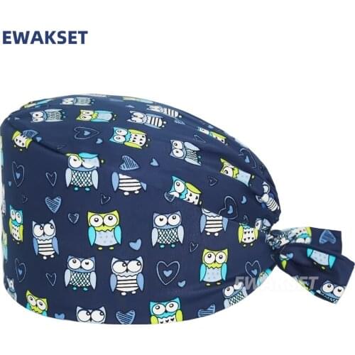 Unisex Cartoon Surgicals Cap Owls Printing 100% Cotton Nurse Working Nursing Hat Dentist Clinic Women Men Scrub Caps Accessories