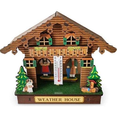 Hot XD-Weather House, Forest Weather House with Man and Woman, Wood Chalet Barometer Thermometer and Hygrometer Home Decoration