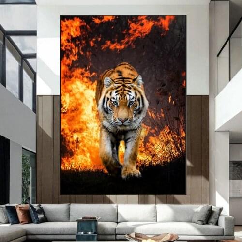 Wild Animal Tiger Canvas Painting Fire Background Poster and Prints Wall Art Pictures for Living Room Home Interior Decoration
