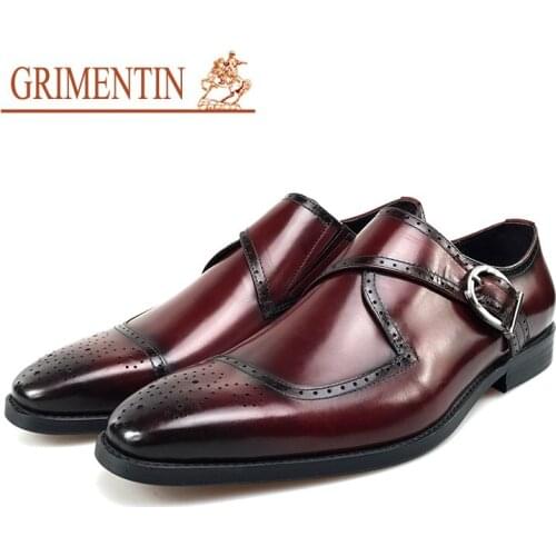 Grimentin Men Dress Shoes British Carved Buckle Wedding Shoes Genuine Leather Black Brown Slip On Formal Business Shoes