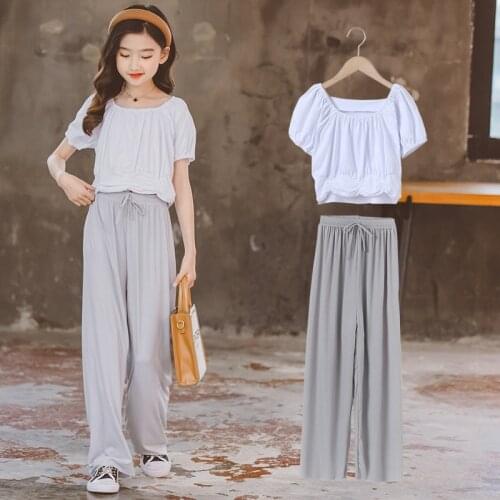 2021 Boutique Kids Clothing Set Girl Summer Sets White Tops Tees and Wide-Leg Pants Children Cotton Clothes 2 Pcs Suit 4-16 Yrs