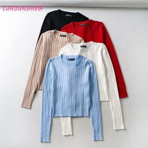 LUNDUNSHIJIA 2020 Knitted Women O-neck Sweater Pullovers Spring Autumn Basic Women Sweaters Pullover Slim Fit Top