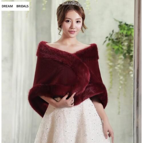 Fashion Wine Red Faux Fur Bolero Women Shawls Wedding Bridal Wraps Winter Warm Solid Shawls Wedding Capes Marriage