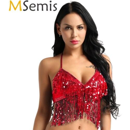 MSemis Women Fashion Sexy Latin Belly Dance Sequin Bra Tassel Top with Chest Party Club Wear Costume