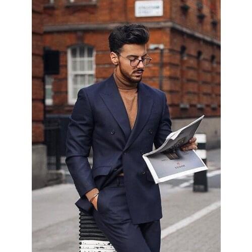 ANNIEBRITNEY Double Breasted Dark Blue 2 Piece Slim Men Formal Suit Groom Wedding Tuxedo Custom Prom Wedding Business Men Suit