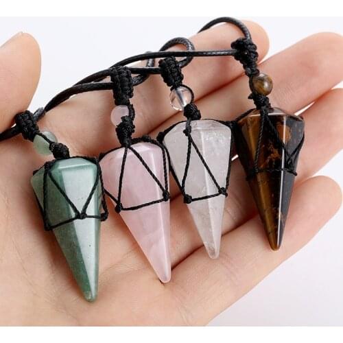 Natural Stone Rope Braided Wrap Pendant Necklace Irregular Waterdrop Shaped Crystal Quartz Healing Pendant Necklaces Adjustable