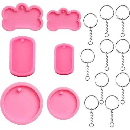 2021 New 6 Pcs Dog Bone Shaped Silicone Mold Set DIY Round Keychain Epoxy Resin Mould Dog Tag Pendant Casting Mold with Keychain
