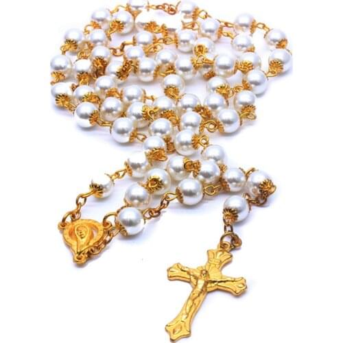 New Fashion Handmade Round Glass Bead Catholic Rosary Quality Bead Cross Necklace Beads Cross Religious Pendants Necklace