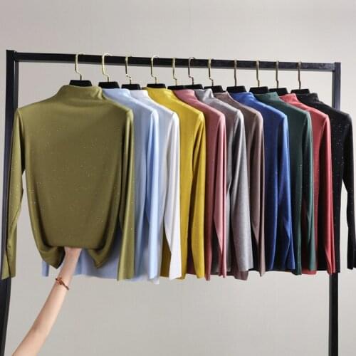 New Modal Slim-Fit Inner Top Womens Spring and Summer Thin Long-Sleeve Half-Collar T Shirt Sequined Fashion T-Shirt