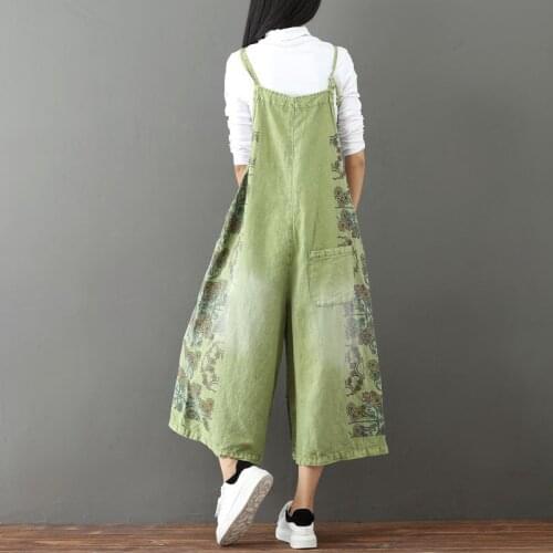 Harajuku Hippie Boho Pantalones Retro Print Casual Jumpsuits Overalls Baggy Loose Denim Jeans Wide Leg Pants for Women Trousers