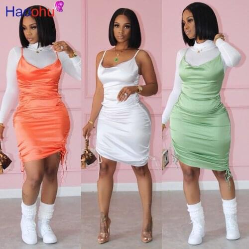 HAOOHU Sexy Spaghetti Strap Satin Dress Elegant Bodycon Dress Women Summer Backless Party Ladies Dresses Sleeveless