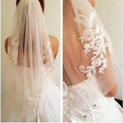 1T White Ivory Bridal Lace Applique Crystal Wedding Veils + Comb Elbow Veil