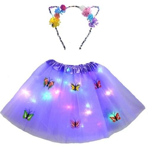 Girls Kids Party Light Up ButterflyTutu Glow Luminous Skirt Crown Cat Bunny Headband Set Led Clothes Costume Gift 2-8 Years