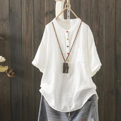 Vintage Cotton Linen Women Shirts Autumn Solid Loose Casual White Female Homewear Outwear Tops