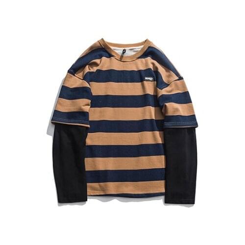 Japanese streetwear stripe hoodies college Fake two piece sweatshirt men hip hop harajuku hoddies korean style hoody fashion