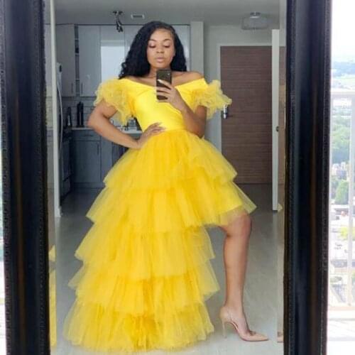 Bright Yellow Brand Women Homecoming Dress Girls Gown Tutu Skirts Tiered Tulle African Cocktail Party Dress High Low Prom Gown