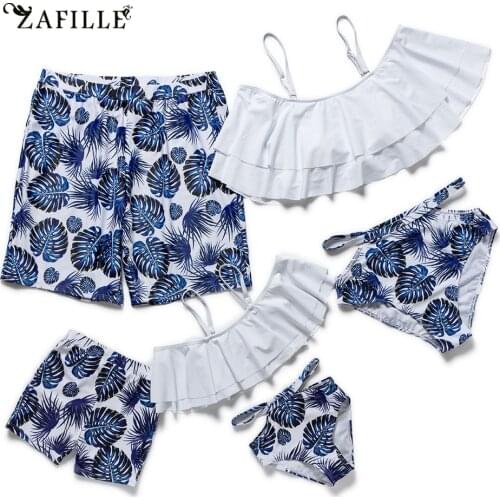 ZAFILLE Womens Swimwear and Beachwear Ruffle Men Boys Shorts Family Swimwear Off Shoulder Two-Piece Swimsuit Women Kids