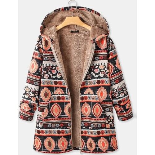 Women Autumn Winter Vintage Flowers Print Fleece Hooded Plus Size Long Sleeve Jacket Coat Fleece Shaggy Warm Cropped Jackets