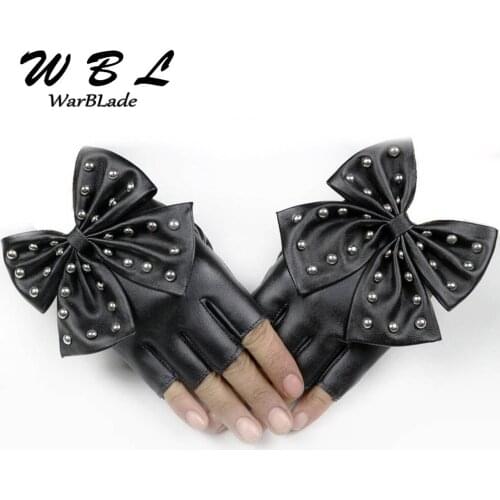 Womens Leather Gloves Black Fingerless Gloves PU Leather Big Bow Mittens Half finger Ladies Luvas Dancing 2018 WarBLade