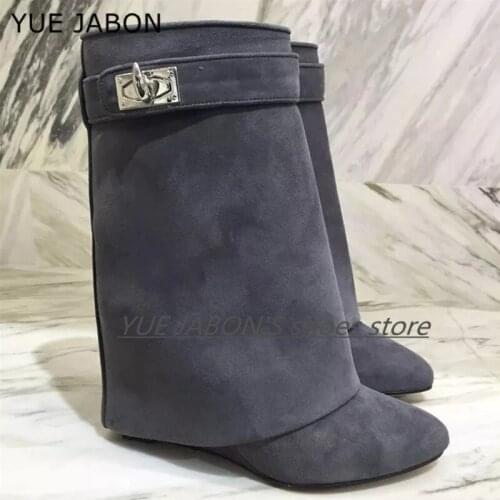 Shark Lock 2021 Autumn Ladies Suede Ankle Boots Zip Wedges Heel Shoes Pointed Toe Mid-calf Boots Fashion Women Modern Boots