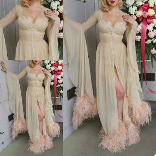 Womens Fur Robe Custom Made Soft Ruffled Long Sleeves High Side Split Pajamas Dresses Maternity Party Gowns Sleepwear Bathrobes