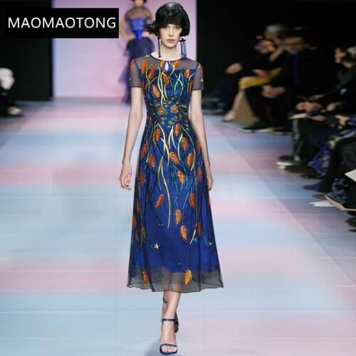 Fashion Designer Summer Midi Dress Womens Short Sleeve Mesh Feather Embroidery Vintage Gorgeous Party Dresses