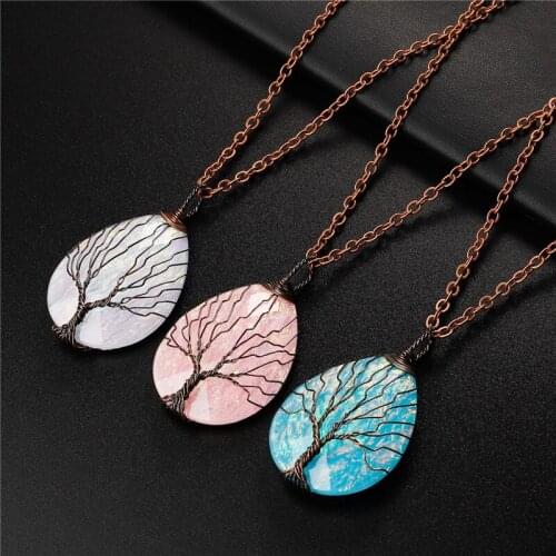 2020 New Fashion Blue Resin Stone Teardrop Water Drop Pendant Necklaces for Women Tree of Life Wire Wrapped Necklaces