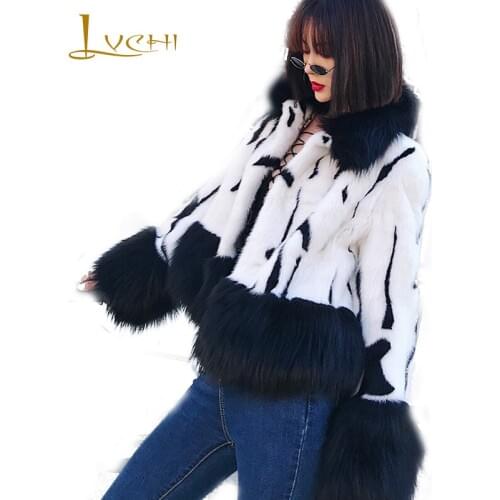 LVCHI 2019 Winter Import Mink Fur Coat Real Fur Coats Women Long Fox Sleeve With Fox Fur Collar Polka Dot Short Mink Fur Coats