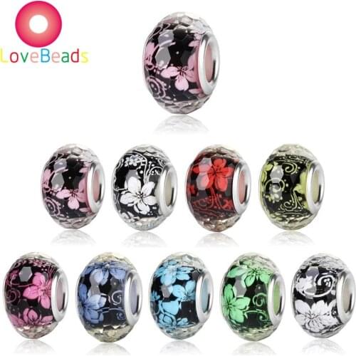 10Pcs New Silver Plated Faceted Flower Acrylic European Charms Big Hole Beads Fit European Style Bracelet Beads with Double Core