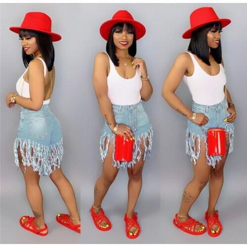 2021 New Stylish Women Ripped Denim Shorts Female Jeans Shorts High Waist Tassels Classic Denim Shorts Close-Fitting Pants