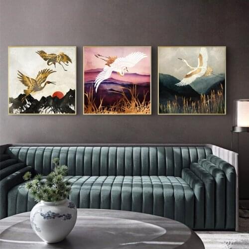 Chinese Ancient Style Animal Canvas Painting Golden Crane Landscape Abstract Decorative Poster On The Wall Aesthetic Room Decor